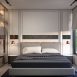 Bedroom with built-in wardrobe, upholstered bed and wall panelling