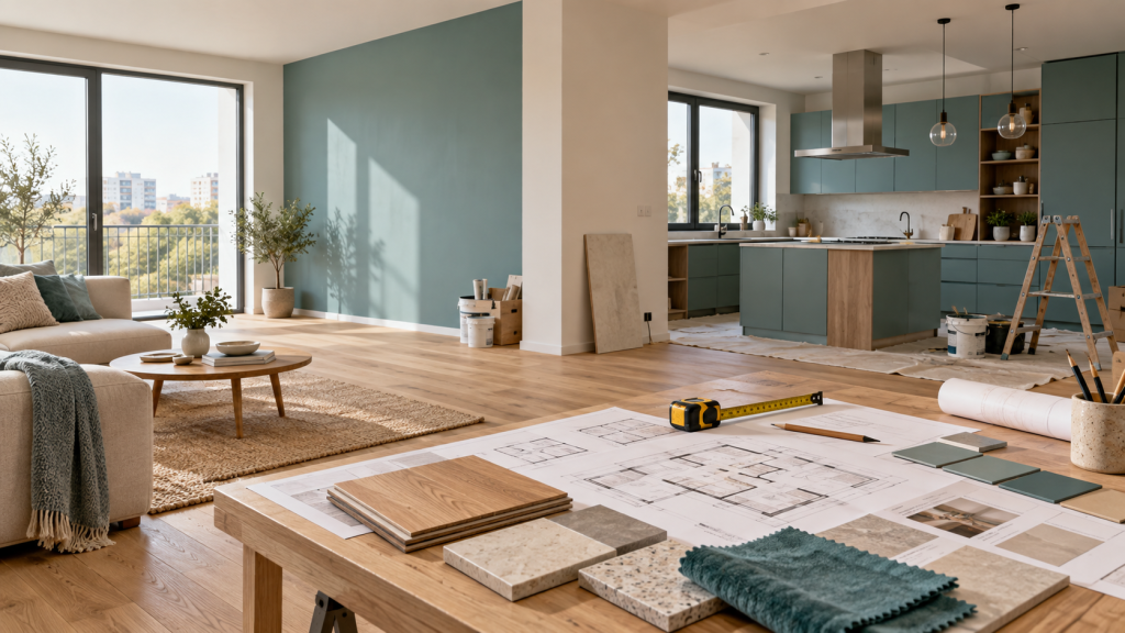 How to Plan an Apartment Renovation Step by Step 1 Apartment renovation planning with floor plans, material samples and turquoise interior accents